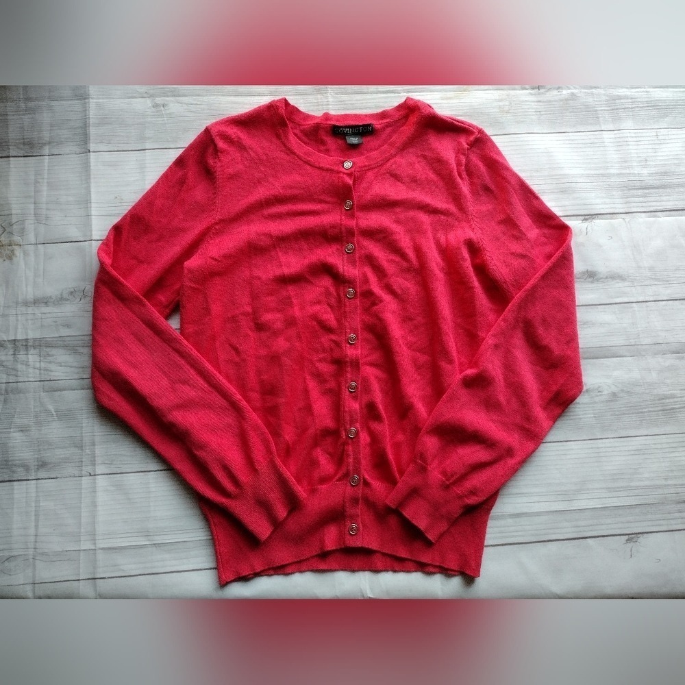 Covington Women's Coral Red Crew Neck Button Up Cardigan Sweater M